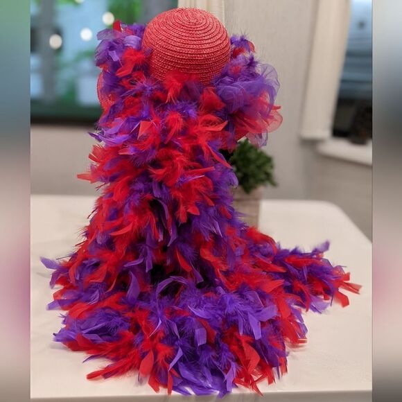 Red Hat Society Red Hat with Red and Purple Feather Fall - Picture 3 of 5